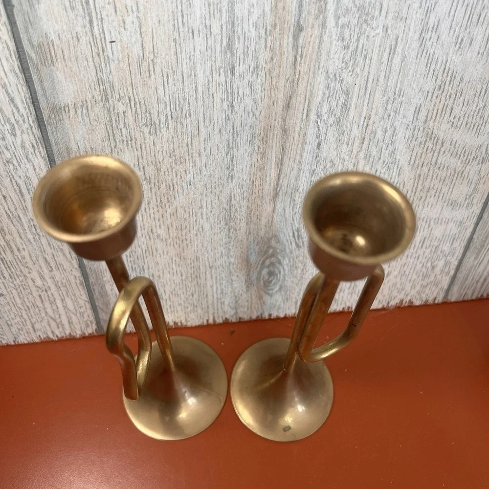 2 Vintage Brass Candlesticks Horn Shaped Made in Taiwan | 1960s 1970s